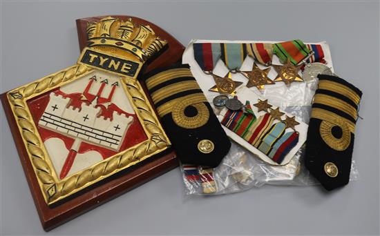 A Commander Lawman medals and paperwork and naval plaque, badges, miniatures etc